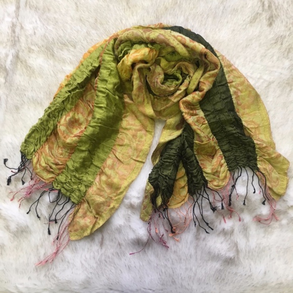 Savican // NWT Gold, Green Puckered Fringe Scarf